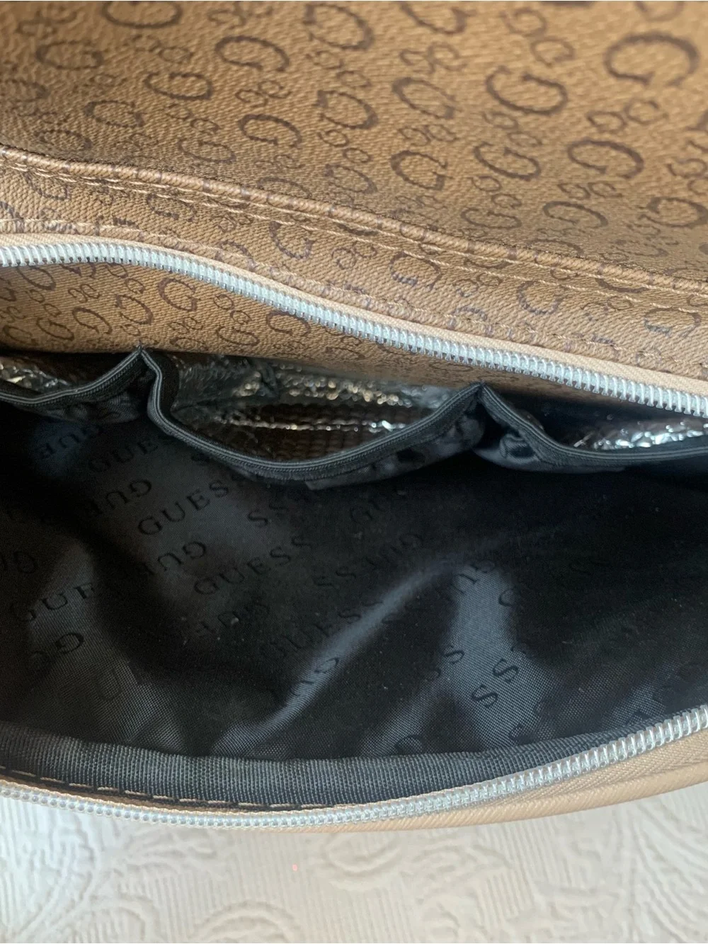 Guess Mocha Brown Lottie Monogram Print Travel Diaper Bag Backpack